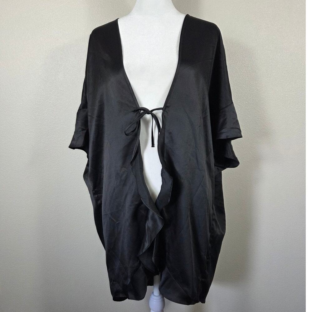 Victoria's Secret Black Satin Ruffle Kimono Robe OS Sexy Whimsigoth Feminine